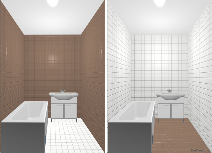 Бело-коричневая плитка в маленькой ванной комнате. Дизайн интерьера в раскладке плитки