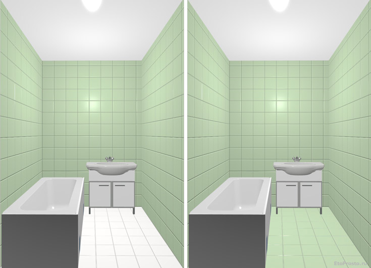 Светлый пол расширяет пространство в маленькой ванной комнате