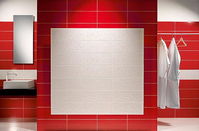 Красно-белая плитка для ванной комнаты. Perlage черешня