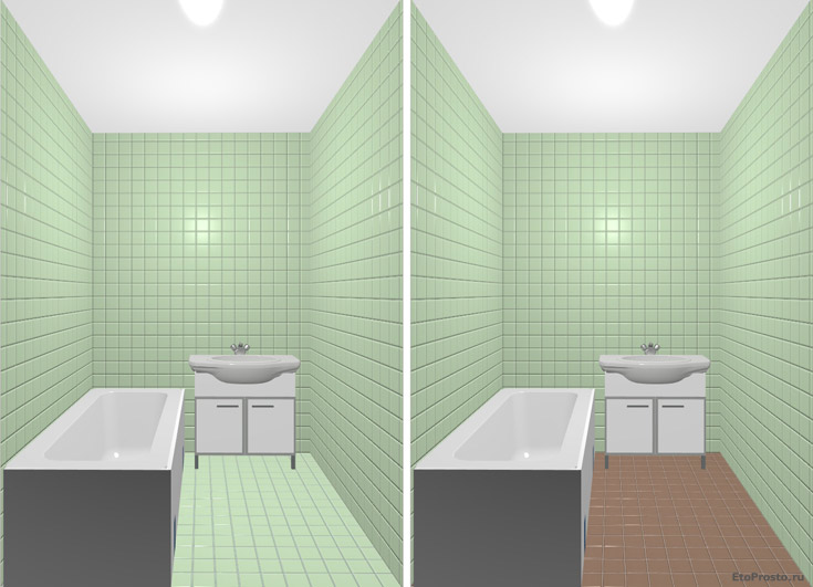 Зеленая ванная комната с коричневым полом. Интерьер маленькой ванны