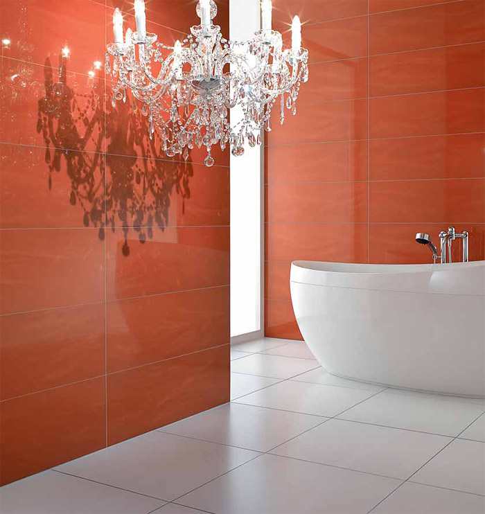 Красная плитка большого размера для ванной комнаты. Немецкая плитка Villeroy boch moonlight